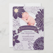 Plum Botanicals for Girls with Foto Christening Einladung (Vorderseite)