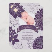 Plum Botanicals für Mädchen mit Foto Taufe Einladung (Vorne/Hinten)