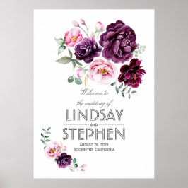 Plum Burgundy Blush Floral Watercolor Wedding Sign Poster