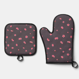 Plum Charcoal Red Plum Blossom Floral Pattern Ofenhandschuh & Topflappen-Set