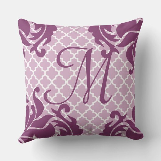 Plum Damask Monogram Custom Accent Pillow Kissen (Rückseite)