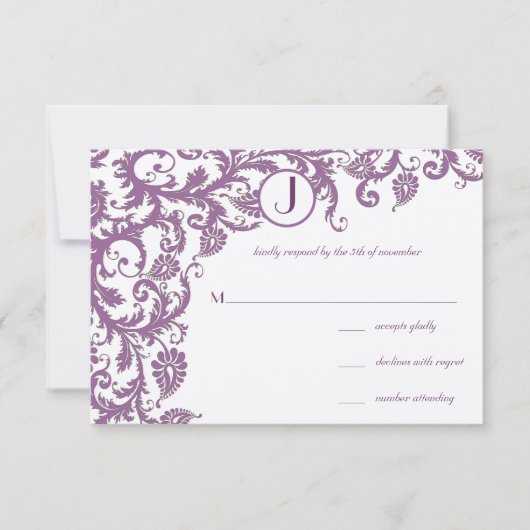 Plum Damask Monogram Wedding Einladung (Vorderseite)