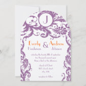Plum Damask Monogram Wedding Einladung (Vorderseite)