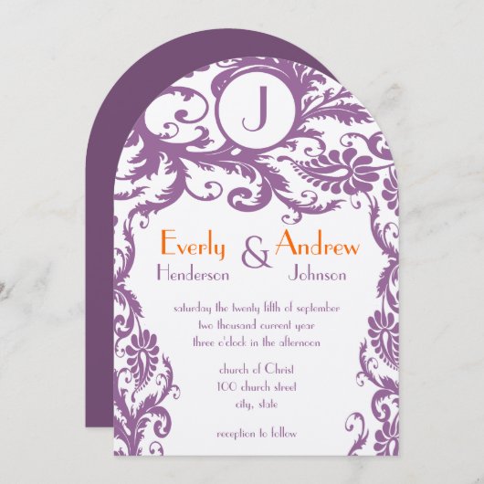 Plum Damask Monogram Wedding Einladung (Vorne/Hinten)