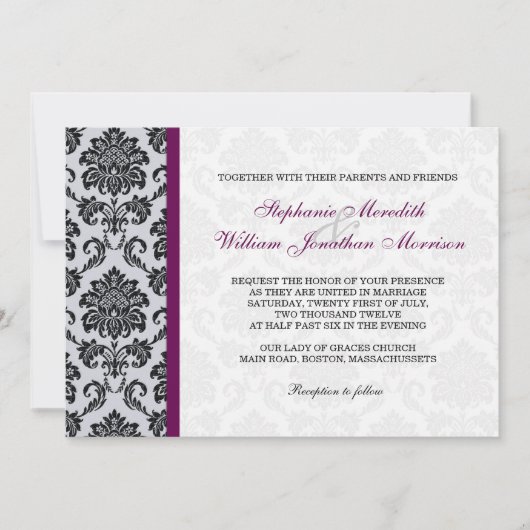 Plum Damask Monogram Wedding Einladung (Vorderseite)
