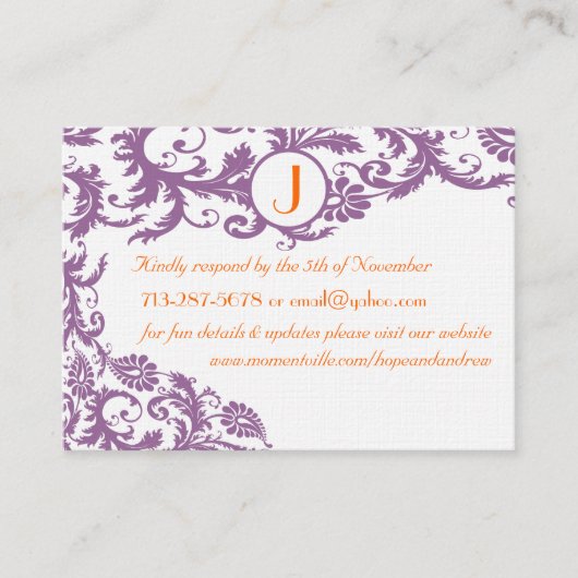 Plum Damask Orange Response und Website Cards Begleitkarte (Vorderseite)
