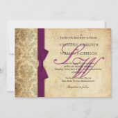 Plum Damask Vintag Bow Wedding Einladung (Vorderseite)