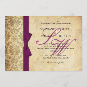 Plum Damask Vintag Bow Wedding Einladung