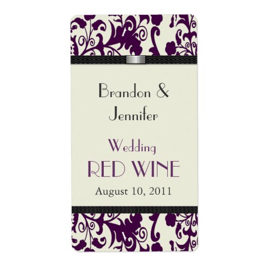 Plum Damask Wedding Mini Wine Labels (Vorne)