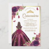 Plum Dress Floral Butterfly Gold Quinceanera Einladung (Vorderseite)