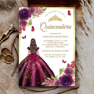 Plum Dress Floral Butterfly Gold Quinceanera Einladung
