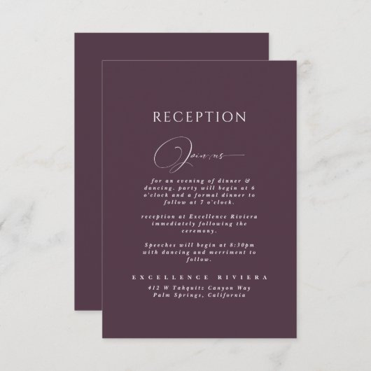 Plum Elegante Moderne schicke Hochzeitsempfehlung Begleitkarte (Vorne/Hinten)