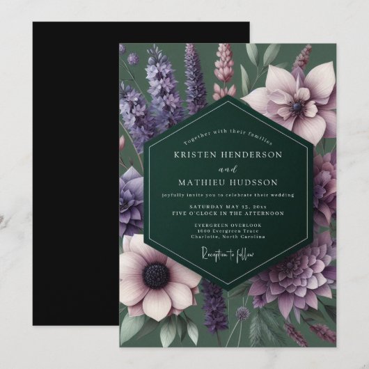 Plum Enchanted Flora Wedding Einladung (Vorne/Hinten)