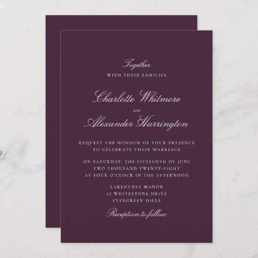 Plum Fall Winter Elegante Hochzeitseinladung Einladung (Vorne/Hinten)