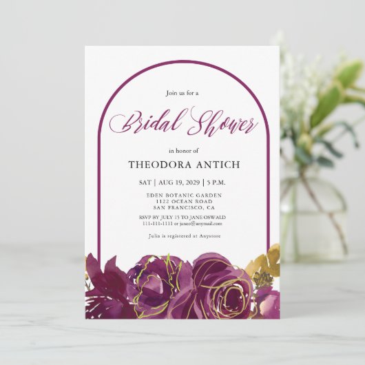 Plum floral Arch Bridal Dusche Einladung (Stehend Vorderseite)