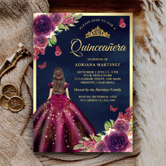 Plum Floral Butterfly Navy Blue Gold Quinceanera Einladung