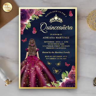 Plum Floral Butterfly Navy Blue Quinceanera Gold Folieneinladung