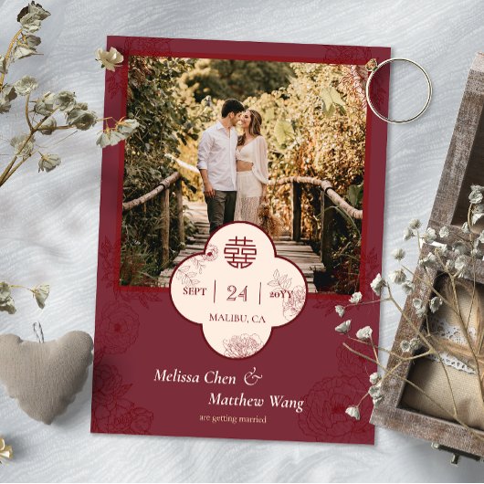 Plum Floral Chinese Wedding Foto Save the Date