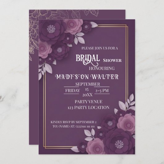 Plum Floral Dusty Rose Wedding Invitation Einladung (Vorne/Hinten)