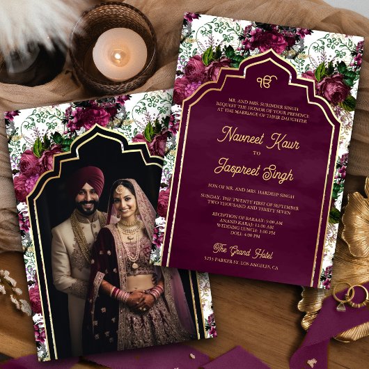 Plum Floral Foto Anand Karaj Sikh Wedding Einladung