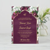 Plum Floral Foto Anand Karaj Sikh Wedding Einladung (Stehend Vorderseite)