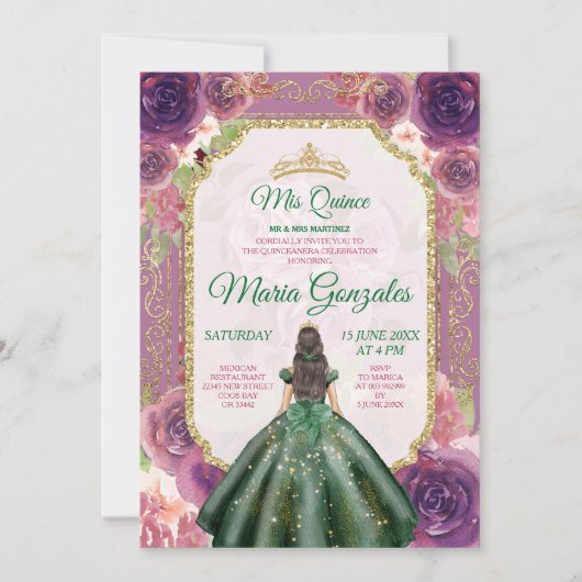 Plum Floral Girl Charra Mis Quince Emerald Green Einladung (Vorderseite)