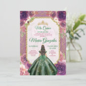 Plum Floral Girl Charra Mis Quince Emerald Green Einladung (Stehend Vorderseite)