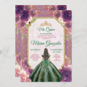Plum Floral Girl Charra Mis Quince Emerald Green Einladung (Vorne/Hinten)