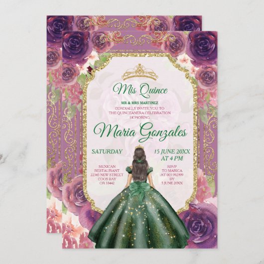 Plum Floral Girl Charra Mis Quince Emerald Green Einladung (Vorne/Hinten)