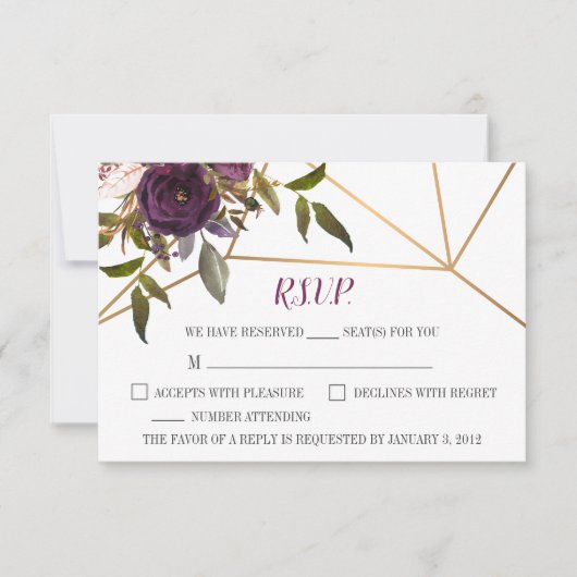 Plum floral Imitats Gold Geometric Wedding RSVP Ca (Vorderseite)