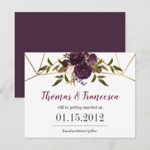 Plum Floral Imitats Goldene geometrische Save the Einladung