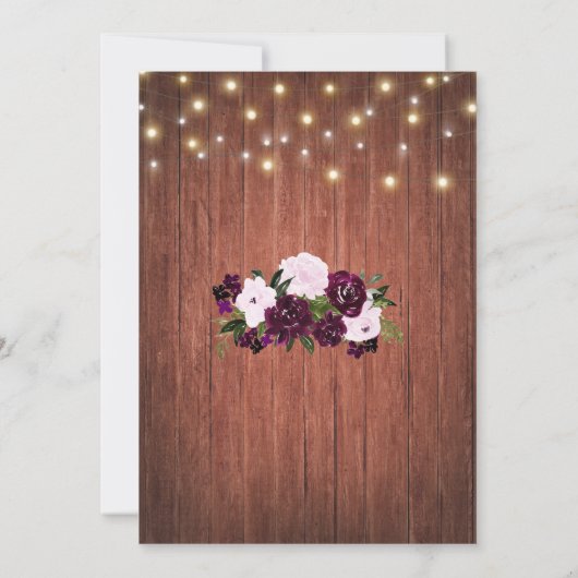 Plum floral Lights Rustic Wood Wedding Einladung (Rückseite)