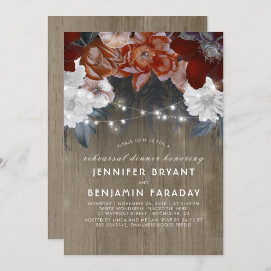 Plum Floral Lights Rustikale Probe Abendessen Einladung (Vorne/Hinten)