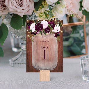 Plum Floral Rustic Wood Mason Jar Wedding Tischnummer