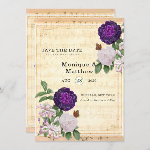 Plum Floral Vintag Sheet Music Save the Date Einladung