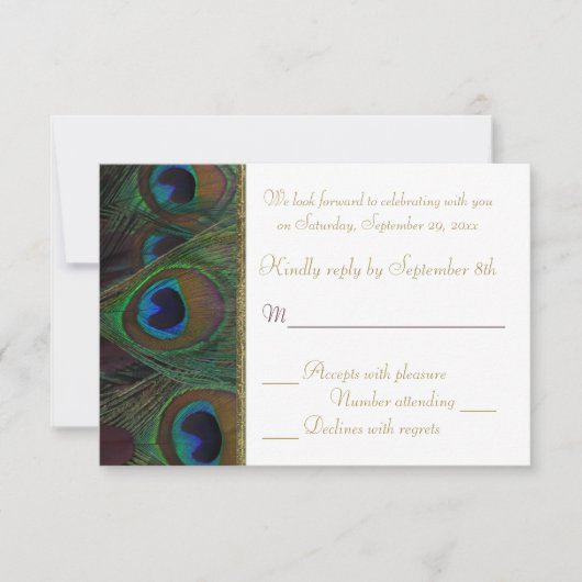 Plum, Gold Peacock Feathers RSVP Card Karte (Vorderseite)