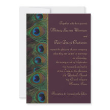 Plum, Gold Peacock Feathers Wedding Einladung