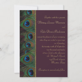 Plum, Gold Peacock Feathers Wedding Einladung