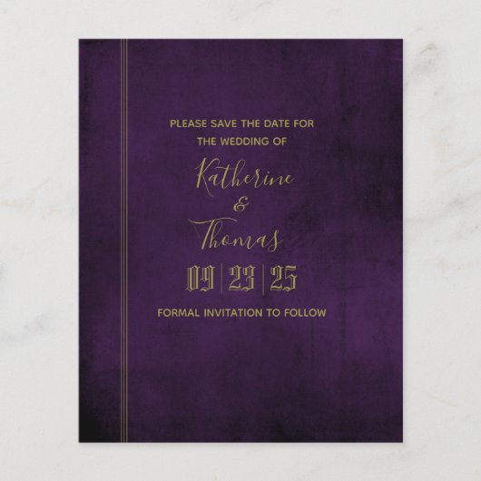 Plum & Gold Regal Save the Date Budget Flyer (Vorne)
