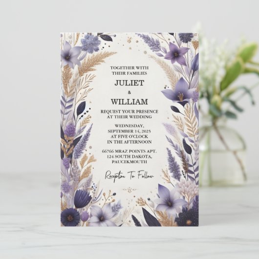 Plum Herbst Sommer Lavendel Sage Hochzeit Einladung (Stehend Vorderseite)
