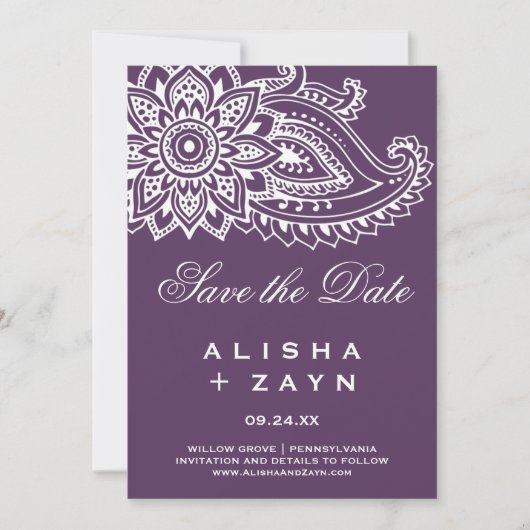 Plum Indian Paisley Save the Date Card (Vorderseite)