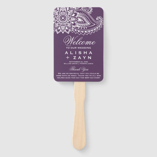 Plum Indian Paisley Wedding Program Fächer (Vorderseite)