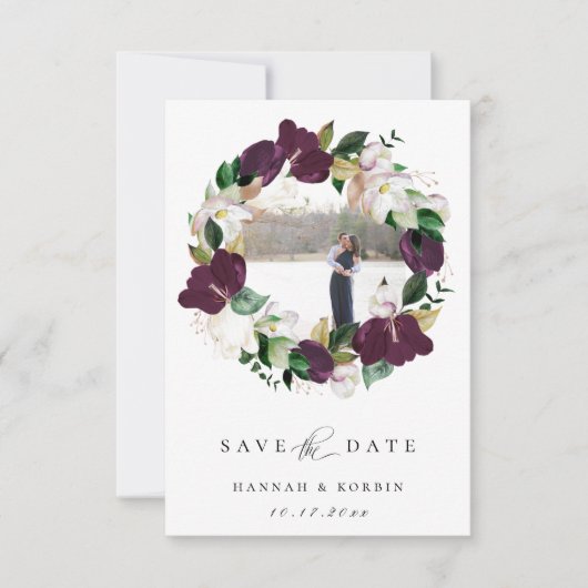 Plum Ivory Floral Wreath Foto Save the Date Ankündigung (Vorderseite)
