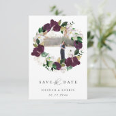 Plum Ivory Floral Wreath Foto Save the Date Ankündigung (Stehend Vorderseite)