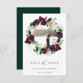 Plum Ivory Floral Wreath Foto Save the Date Ankündigung (Vorne/Hinten)