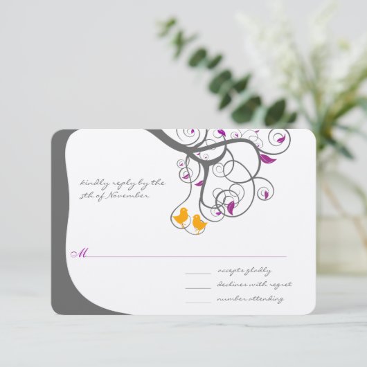 Plum Leaf Tree Love Bird Wedding Einladung (Stehend Vorderseite)
