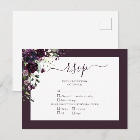 Plum Lila Blumenschrift Wedding RSVP Einladungspostkarte (Vorne/Hinten)