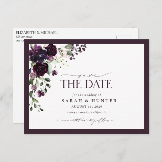 Plum Lila Blumenschrift Wedding Save the Date Einladungspostkarte (Vorne/Hinten)