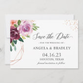 Plum Lila Blush Floral Moderne Rose Goldene Hochze Save The Date (Vorderseite)