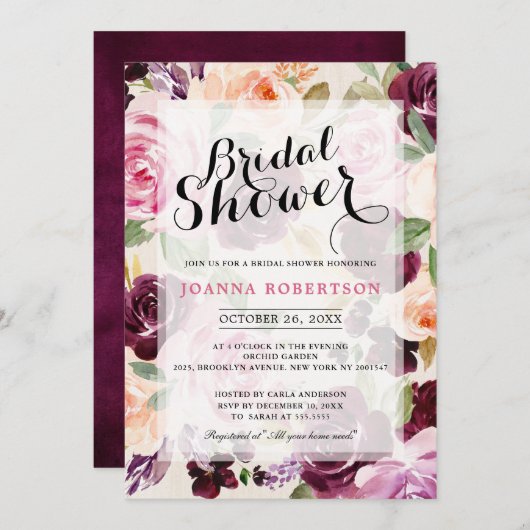 Plum Lila Blush Pink Botanisches Brautparty Einladung (Vorne/Hinten)